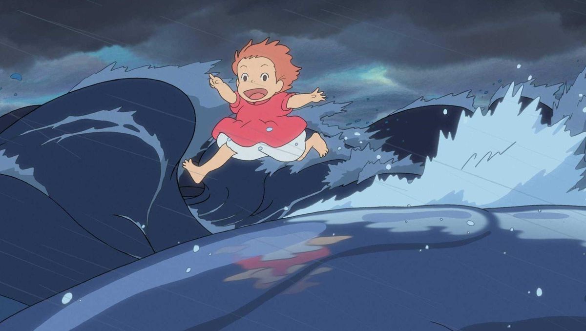 ponyo runs over waves formed by fish
